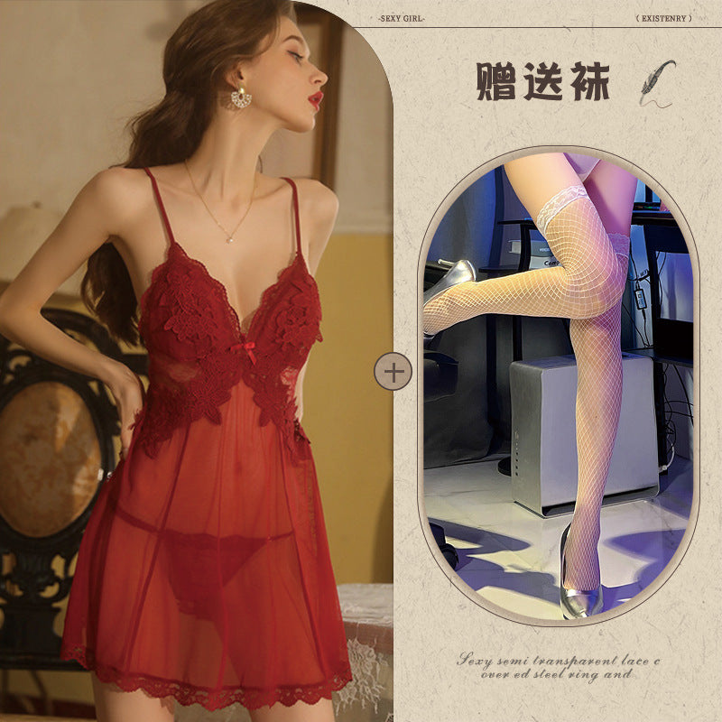 Backless Sheer Lace Nightgown Set