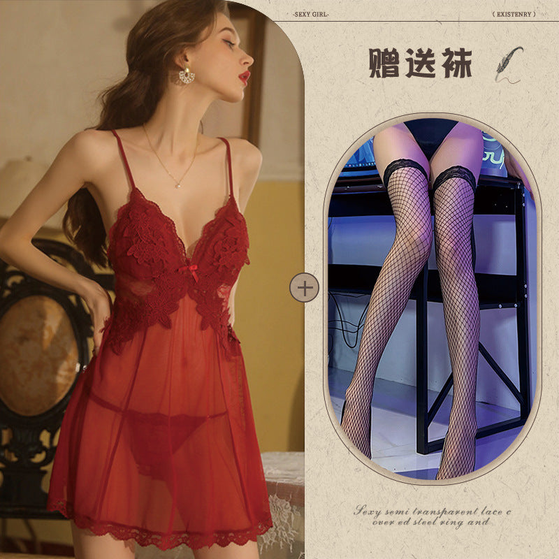 Backless Sheer Lace Nightgown Set
