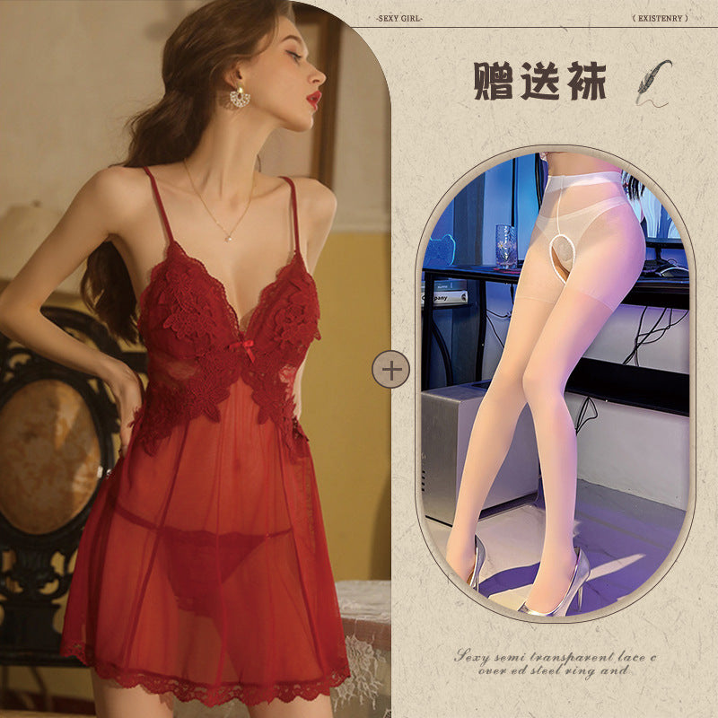 Backless Sheer Lace Nightgown Set