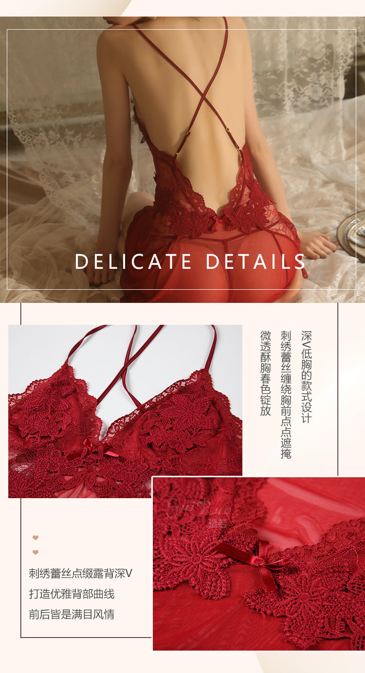 Backless Sheer Lace Nightgown Set