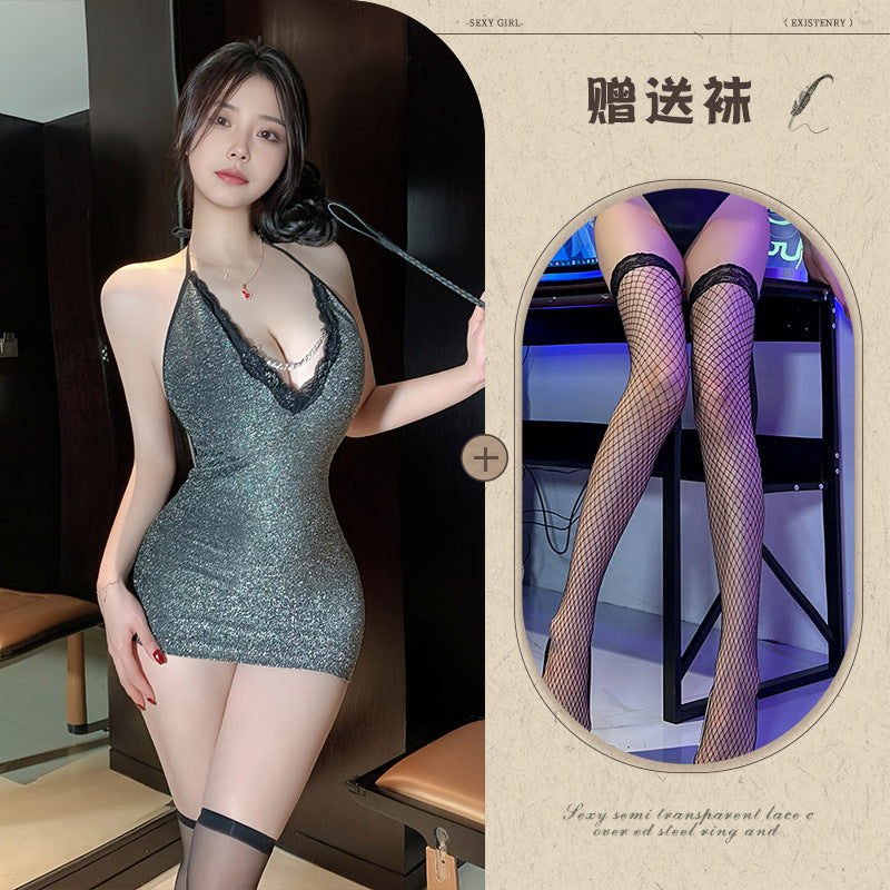 Backless Skinny Slip Dress na may Chain