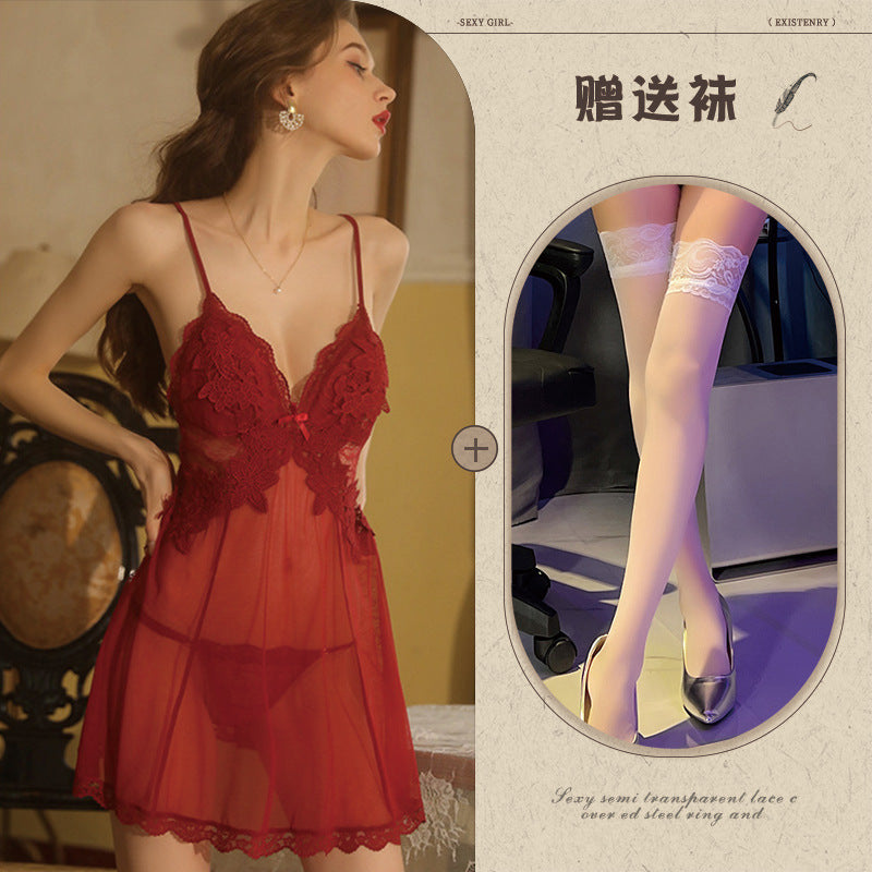 Backless Sheer Lace Nightgown Set