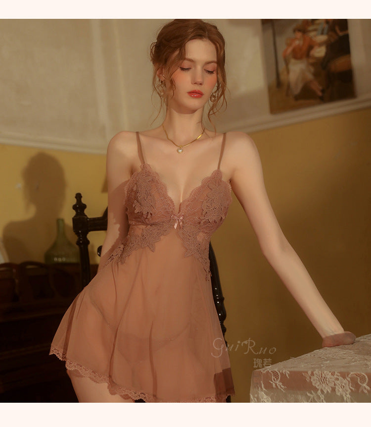 Backless Sheer Lace Nightgown Set
