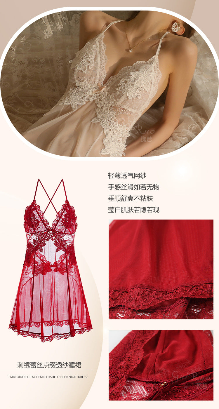 Backless Sheer Lace Nightgown Set