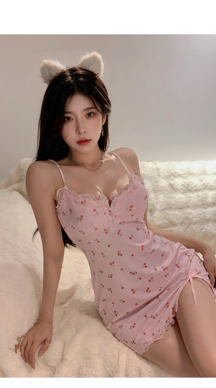 Purple Floral Strap Sexy Lace Trim Nightdress