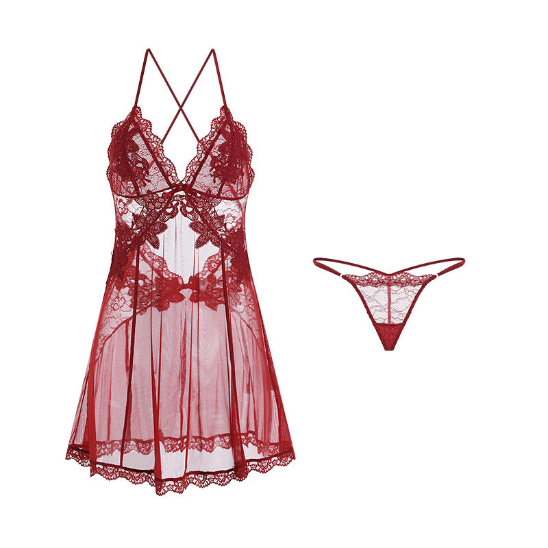 Backless Sheer Lace Nightgown Set