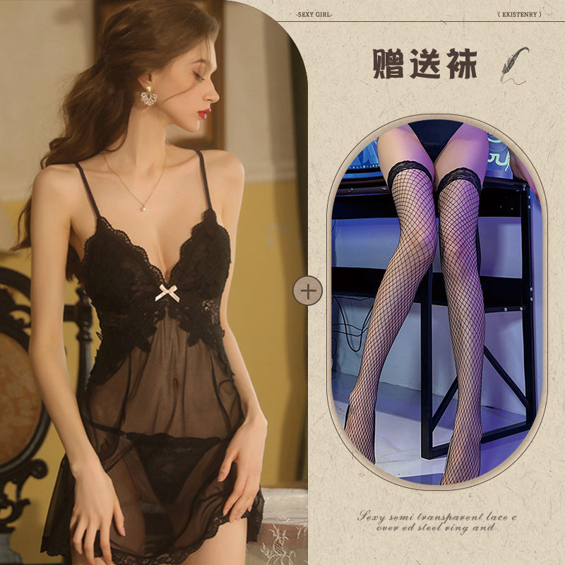 Backless Sheer Lace Nightgown Set