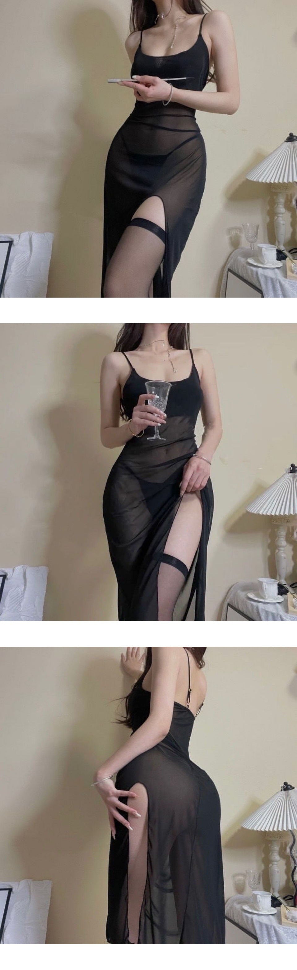 Sexy Long Dress ng Pambabaeng Transparent na Sleepwear Nightdress