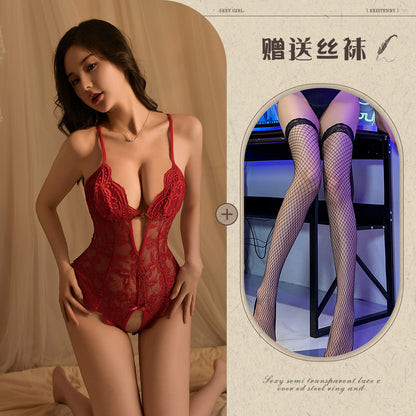 Sexy Lace Open Jumpsuit See-through Pajamas