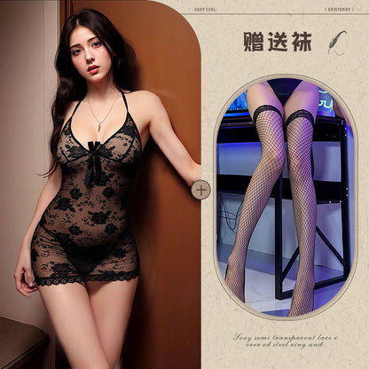 Deep V Lace Tie-Neck Gown