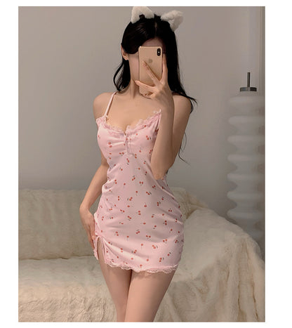 Purple Floral Strap Sexy Lace Trim Nightdress