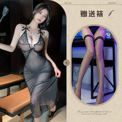 Sexy see-through lace long dress tight dress