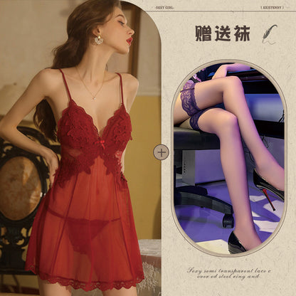 Backless Sheer Lace Nightgown Set