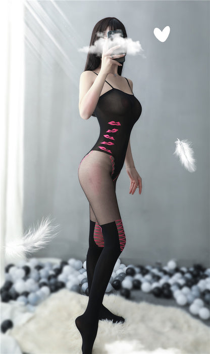 Strappy Bodystocking with Floral Lace