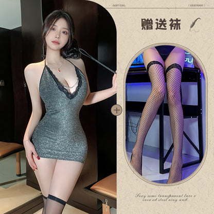 Backless Skinny Slip Dress na may Chain 