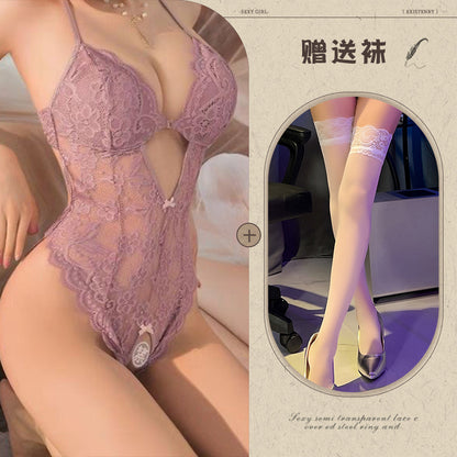 Sexy Lace Open Jumpsuit See-through Pajamas