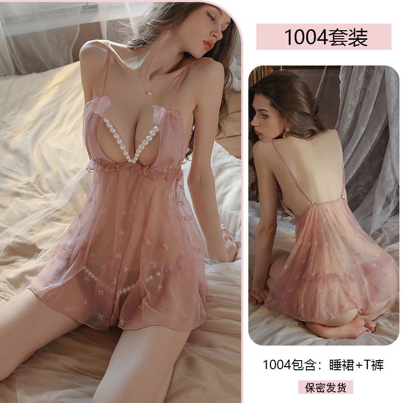 Sexy Slip Nightdress Pearl Open Crotch Underwear
