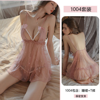 Sexy Slip Nightdress Pearl Open Crotch Underwear