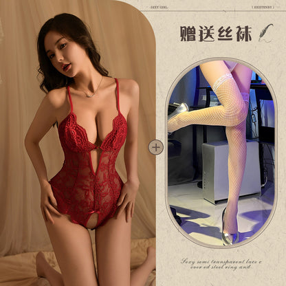 Sexy Lace Open Jumpsuit See-through Pajamas