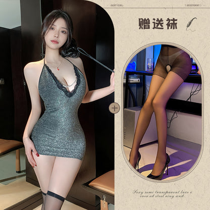 Backless Skinny Slip Dress na may Chain 