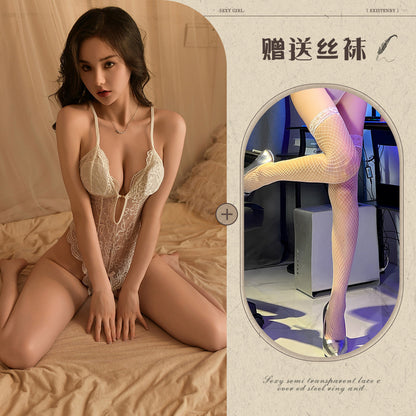 Sexy Lace Open Jumpsuit See-through Pajamas