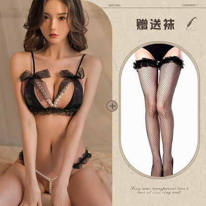 Sexy Lace Three-Point Passion Suit with Pearl T-Back