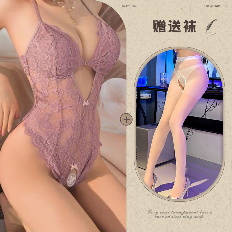 Sexy Lace Open Jumpsuit See-through Pajamas
