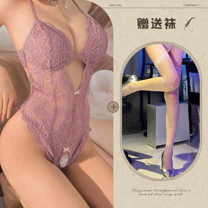 Sexy Lace Open Jumpsuit See-through Pajamas