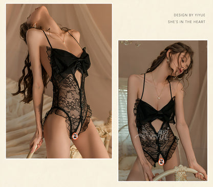Sexy Lingerie Sling Lace Hollowed-out and Crotchless Jumpsuit Uniform