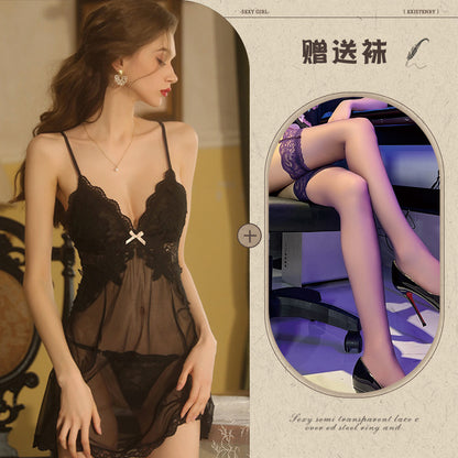 Backless Sheer Lace Nightgown Set