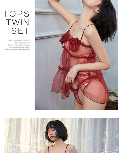 Sheer Lace Bra Top Pajama Set