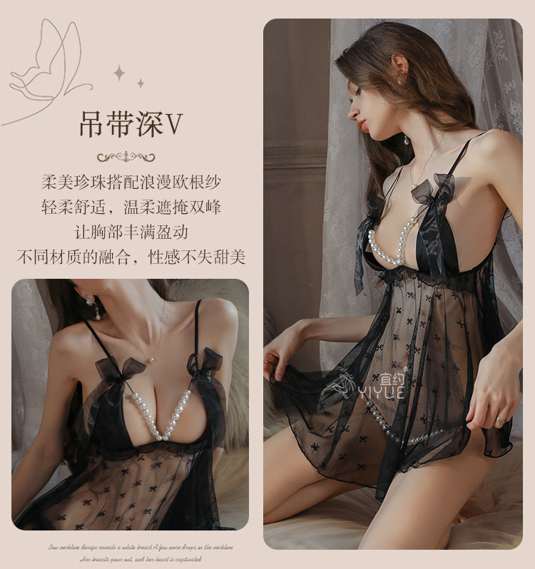 Sexy Slip Nightdress Pearl Open Crotch Underwear