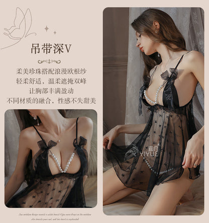 Sexy Slip Nightdress Pearl Open Crotch Underwear