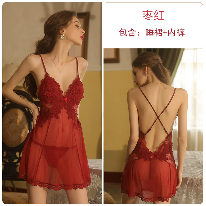 Backless Sheer Lace Nightgown Set
