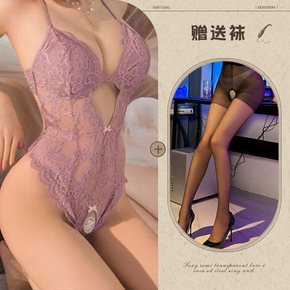 Sexy Lace Open Jumpsuit See-through Pajamas