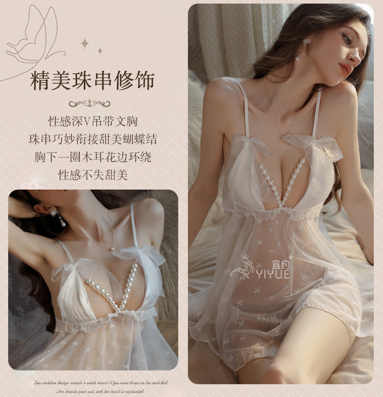 Sexy Slip Nightdress Pearl Open Crotch Underwear