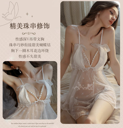 Sexy Slip Nightdress Pearl Open Crotch Underwear