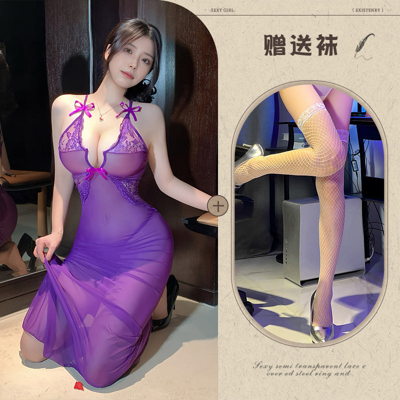 Sexy see-through lace long dress tight dress