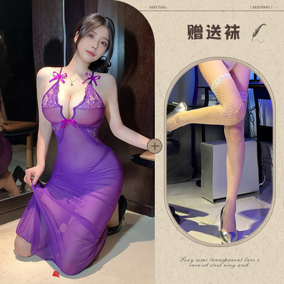 Sexy see-through lace long dress tight dress