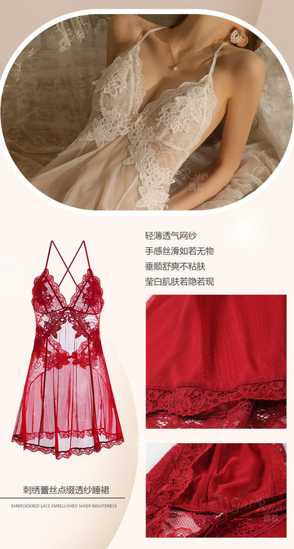 Backless Sheer Lace Nightgown Set