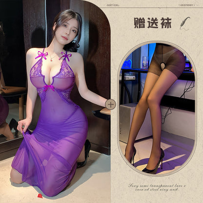 Sexy see-through lace long dress tight dress