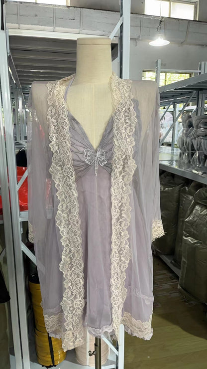 Sheer Satin Nightgown with Lace Cover