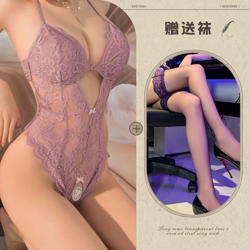 Sexy Lace Open Jumpsuit See-through Pajamas