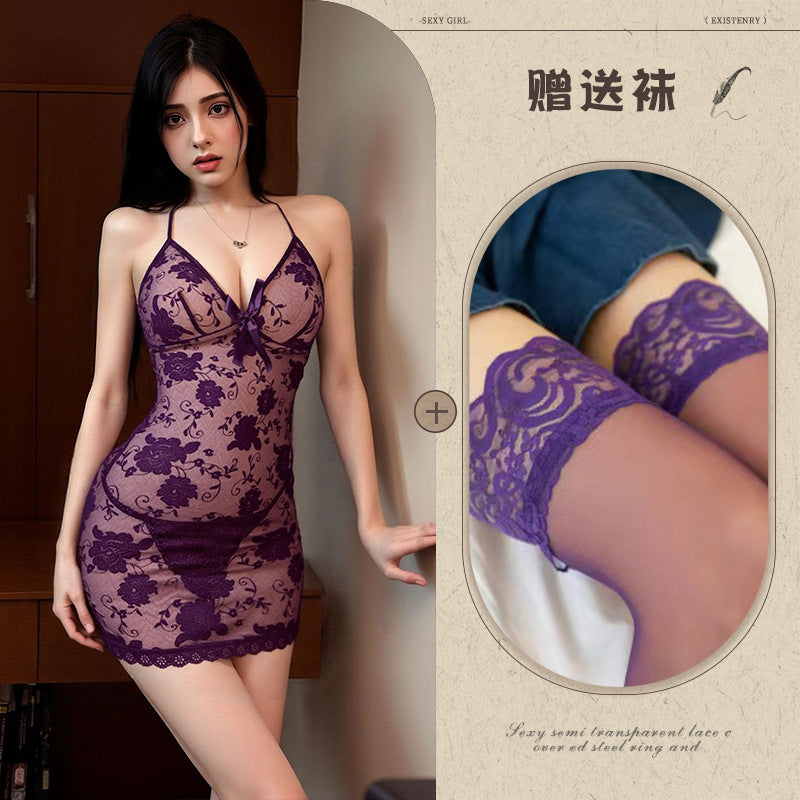 Deep V Lace Tie-Neck Gown