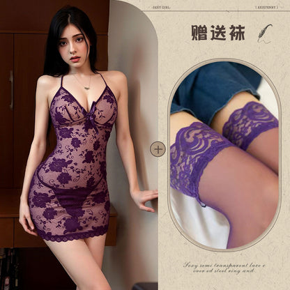 Deep V Lace Tie-Neck Gown